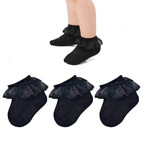 EPEIUS 3 Pairs Baby-Girls Eyelet Frilly Lace Socks Toddler Girls Black Princess Ankle Socks for 12-24 Months,Toddler Shoe Size 5-9 - Image 1