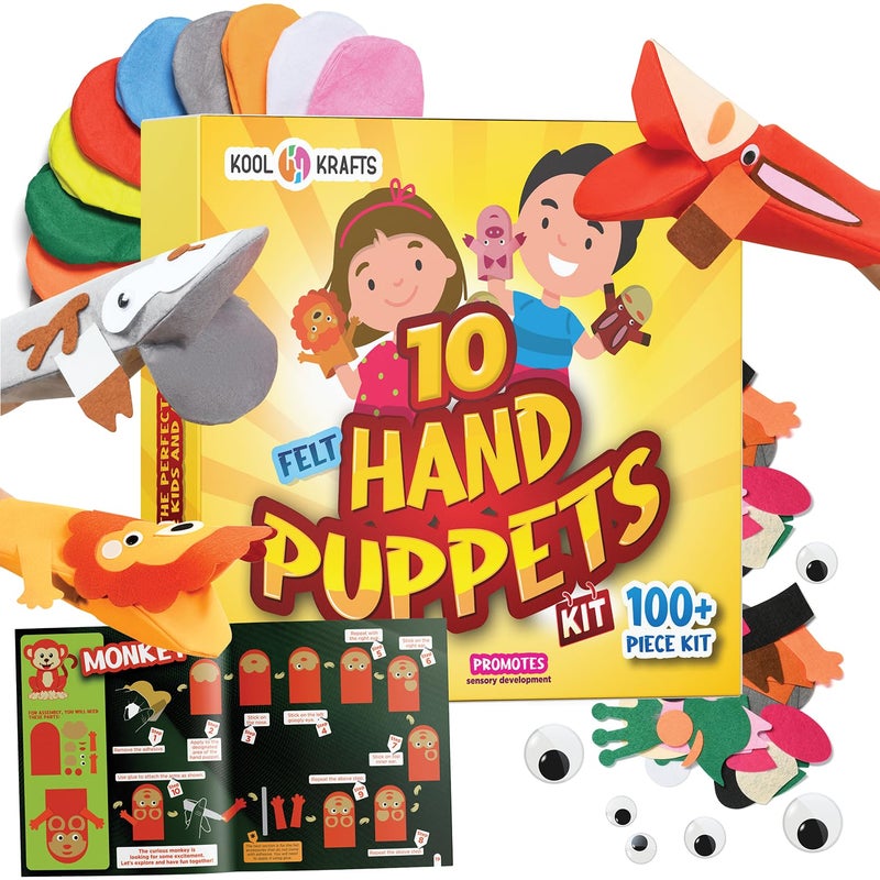 KOOL KRAFTS Hand Puppet Kit - Make Your Own Animal Puppets - 10 Felt Puppets - Simple Step By Step Instructions - Art Craft, Role Play, Storytelling - Puppets for kids, Children's Art & Craft Birthday Gifts Ideas - Image 1