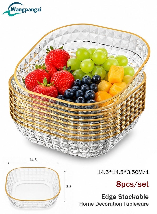 WangPangZi Set of 8 Multipurpose Dishes, Appetizer Plates with Gold Rim, Dinner Plates Set, Clear Plastic Bowls, for Party Pits, Small Dessert, SaladNuts, Fruits, Food and as Bones Dish and Dessert Plates - Image 1
