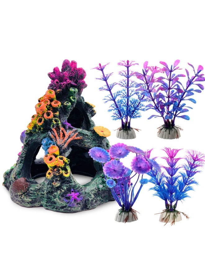 Coral Aquarium Colorful Coral Reef Set Fish Tank Decorations, Fish Tank Decorations Resin Rock Mountain Cave Decorations, Suitable for Aquarium Environment Decoration Accessories, Coral Mountain x1 (Size: 6.3 x 4.7 x 4.7 inches), Aquatic Plants x4 - Image 1