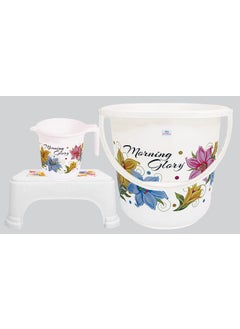 Kuber Industries Heart Home Printed 3 Pieces Unbreakable Virgin Plastic Multipurpose Bucket, Mug & Stool Set (White)  - Image 1
