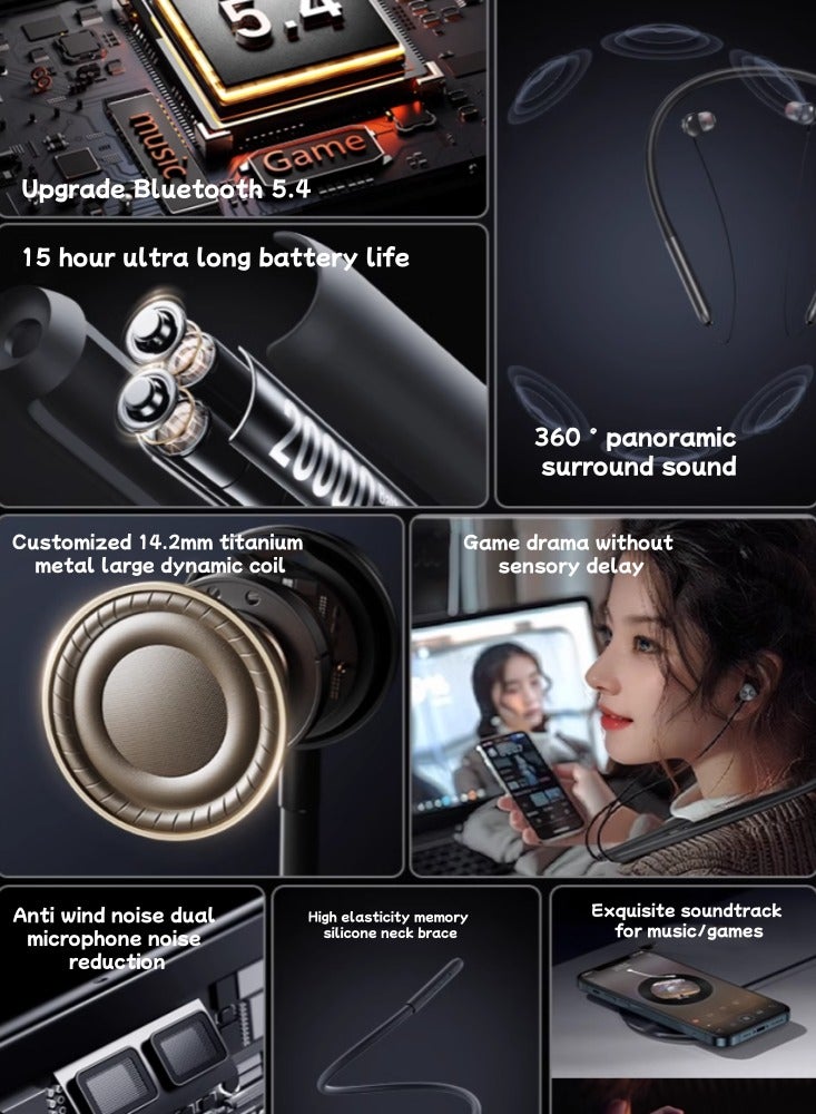 Bluetooth Headset Neck, Neck Hanging, Wireless In-ear Sports Running, Special Ultra-long Battery Life, Rock Black  - Image 3
