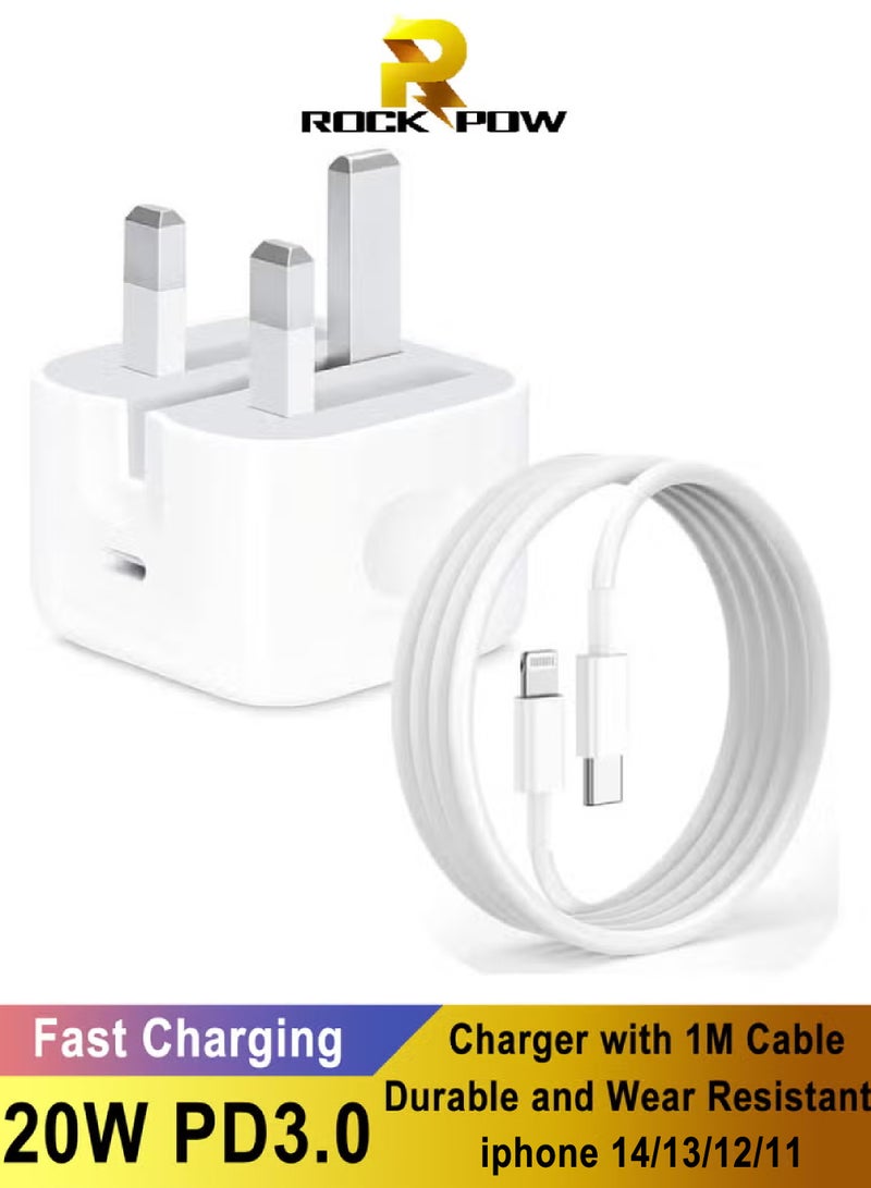 Rock Pow iPhone 20W Fast Charger | USB C Wall Fast Charger with USB C to Lightnning Cable Compatible with iPhone 14/14 Pro/14 Pro Max/13/12/SE2020/11/XR/XS Max/X/iPad - Image 1
