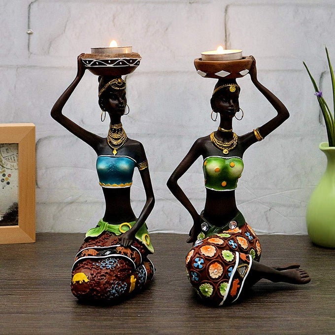 2 PACK AFRICAN WOMEN SCULPTURE85IN BLACK TRIBAL LADY FIGURE FIGURINE CANDLE HOLDER AFRICAN AMERICAN WOMEN STATUE COLLECTIBLE ART CRAFTS HOME CENTERPIECES TABLETOP ORNAMENTS DECORATION CANDLEHOLDER