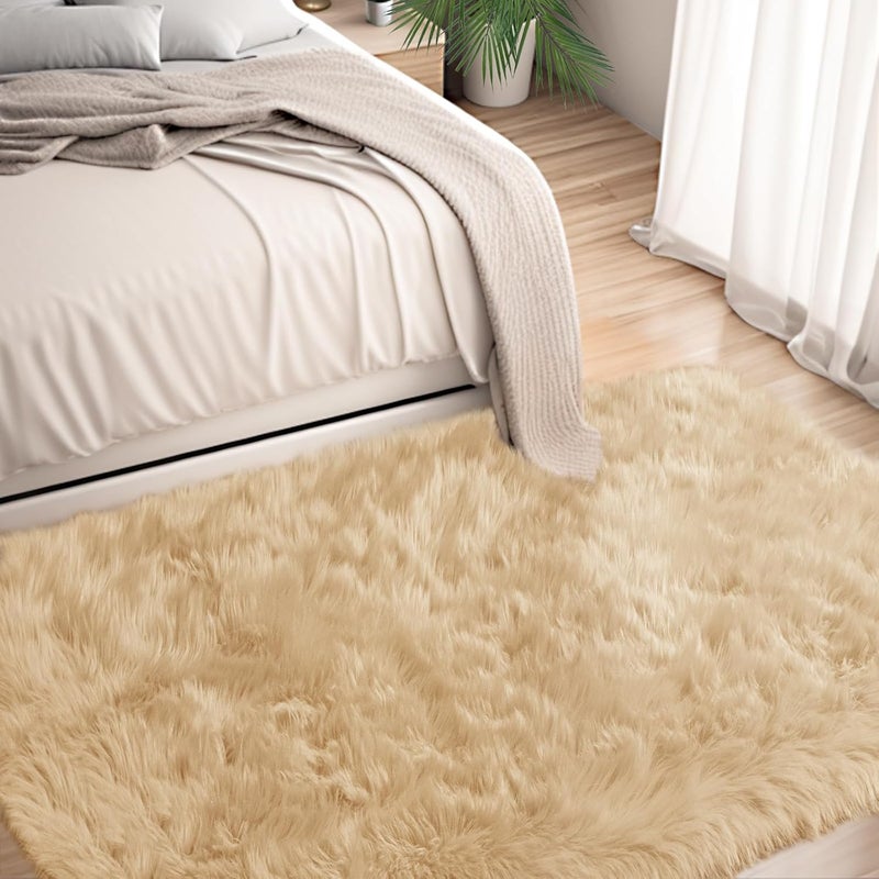 Ciicool Beige Fur Rug Fluffy Rug, Small Faux Fur Rugs for Bedroom, Washable Faux Sheepskin Rug for Sofa Couch Seat Cushion, Thick Shaggy Furry Rugs Floor Carpets for Bedside Living Room, 2x4 ft - Image 3