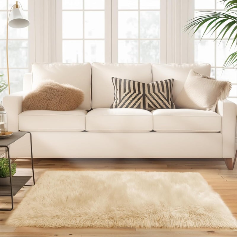 Ciicool Beige Fur Rug Fluffy Rug, Small Faux Fur Rugs for Bedroom, Washable Faux Sheepskin Rug for Sofa Couch Seat Cushion, Thick Shaggy Furry Rugs Floor Carpets for Bedside Living Room, 2x4 ft - Image 2