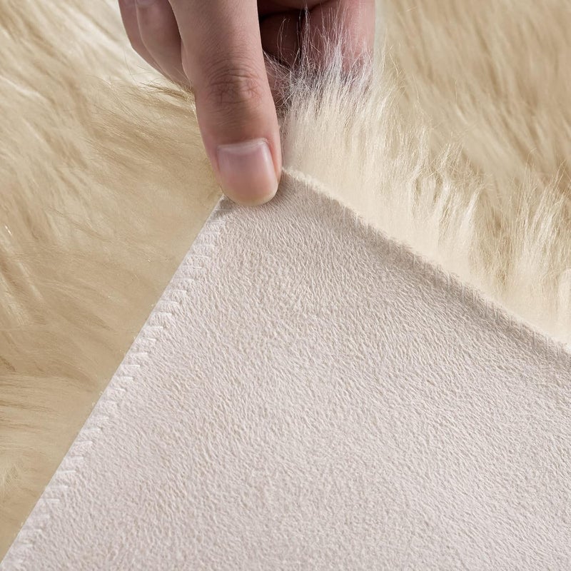 Ciicool Beige Fur Rug Fluffy Rug, Small Faux Fur Rugs for Bedroom, Washable Faux Sheepskin Rug for Sofa Couch Seat Cushion, Thick Shaggy Furry Rugs Floor Carpets for Bedside Living Room, 2x4 ft - Image 5