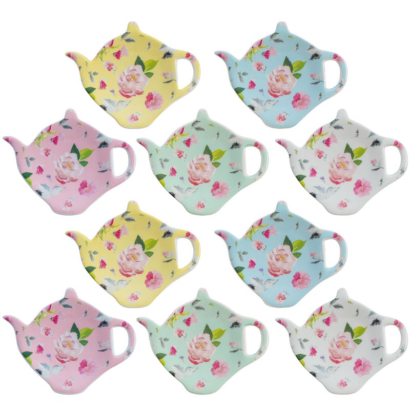 PRECITIME Porcelain Tea Bag Coasters Floral Used Tea Bag Holder Ceramic Set of 10 Tea Bag Plates Floral Teaspoon Rest Tea Bag Dish Tea Party Gifts