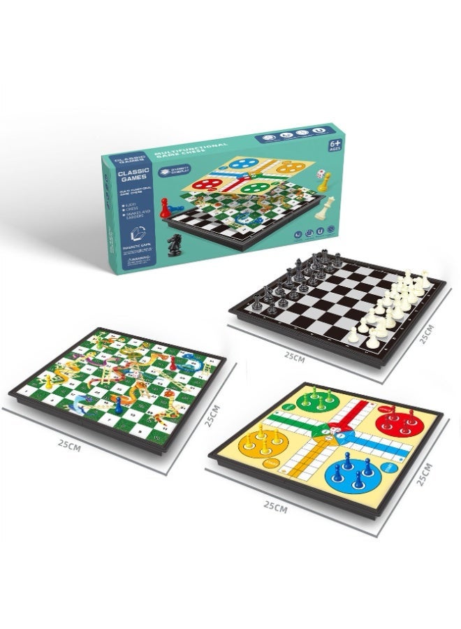 3 in 1 Small Magnetic Checkers Board Game Set,Ludo Game ,Snakes,Chess, Travel Game Road and Flight Trip Essentials Magnetic Travel Chess Checkers for Trip Camping Activities Party Game for Adults and Teens, 9.8 inches(25cm)