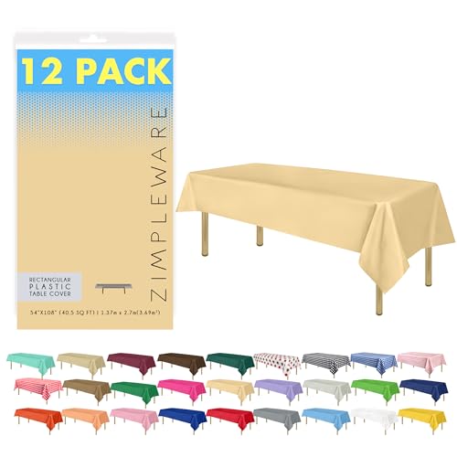 ZIMPLEWARE Premium Ivory Plastic Table Cloth Disposable 12 Pk Plastic Tablecloths for Rectangle Tables 54in x 108in Party Table Cloths Disposable for 6ft to 8ft Rectangle Tables