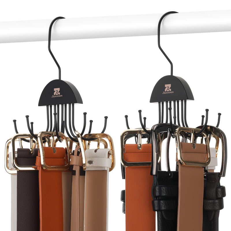 ZEDODIER 2 Pack Belt Hanger Rotatable Belt Organizer, Space Saving Belt Rack with 16 Adjustable Hooks for Closet Organizers and Storage, Sturdy Belt Holder Storage, Black - Image 1