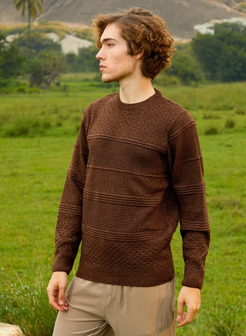 Campus Sutra Men's Umber Brown Textured-Knit Pullover Sweater For Casual Wear | Crew Neck | Long Cuffed Sleeves | Pull On Closure | Sweater Crafted With Comfort Fit For Everyday Wear