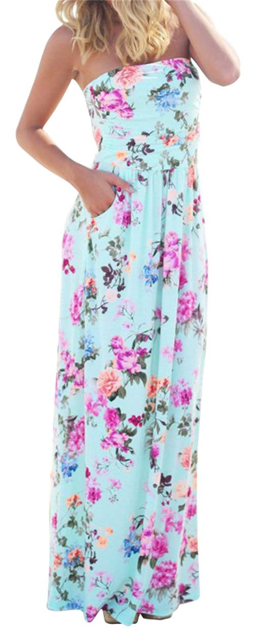 PRIMODA Womens Strapless Tube Top Maxi Dress Floral Boho Beach Dress with Pockets(L L-Blue 1#) - Image 1