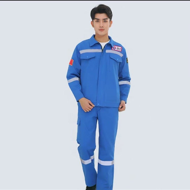 Pure Cotton Oilfield Labor Protection Workwear, Thickened Cotton for Spring and Autumn, Welding Reflective Workshop Workwear Set for Men and Women Blue 