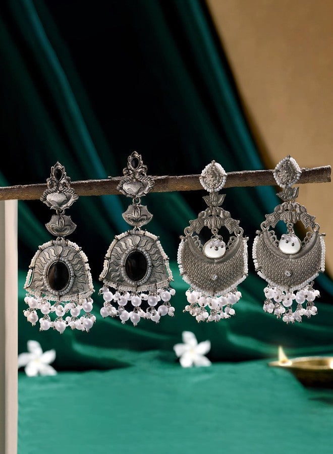 Zaveri Pearls أقراط متدلية أنيقة من زافيري بيرلز، مكونة من قطعتين، مرصعة بأحجار سوداء وبيضاء مؤكسدة، للنساء - ZPFK22049 - Image 2
