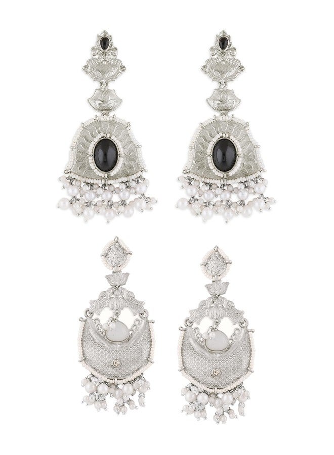 Zaveri Pearls أقراط متدلية أنيقة من زافيري بيرلز، مكونة من قطعتين، مرصعة بأحجار سوداء وبيضاء مؤكسدة، للنساء - ZPFK22049 - Image 1