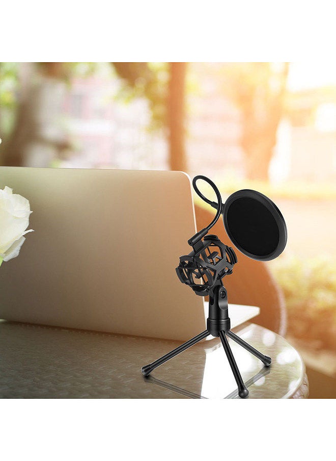 Generic - Desktop Microphone Tripod Stand Foldable Mic Stand with Shock Mount Portable Mic Holder Double-Net Pop Filter Gooseneck for Podcasts Internet Chat Meetings Lectures Online Show - Image 1