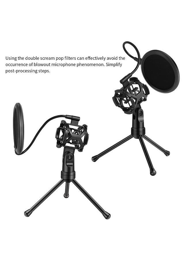 Generic - Desktop Microphone Tripod Stand Foldable Mic Stand with Shock Mount Portable Mic Holder Double-Net Pop Filter Gooseneck for Podcasts Internet Chat Meetings Lectures Online Show - Image 1