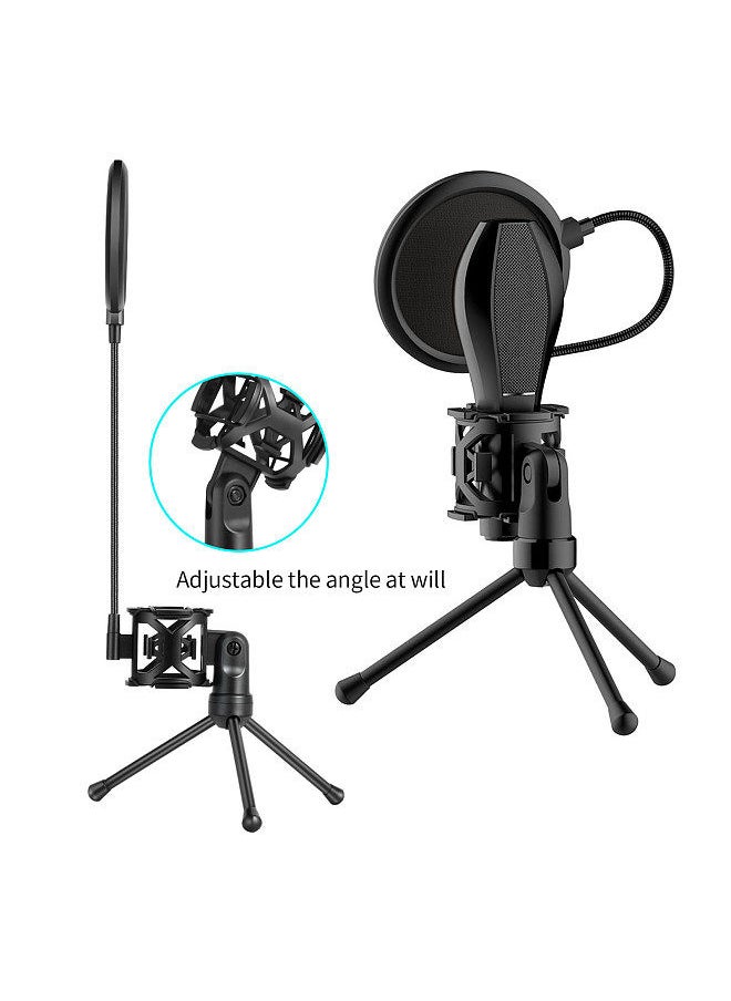 Generic - Desktop Microphone Tripod Stand Foldable Mic Stand with Shock Mount Portable Mic Holder Double-Net Pop Filter Gooseneck for Podcasts Internet Chat Meetings Lectures Online Show - Image 1