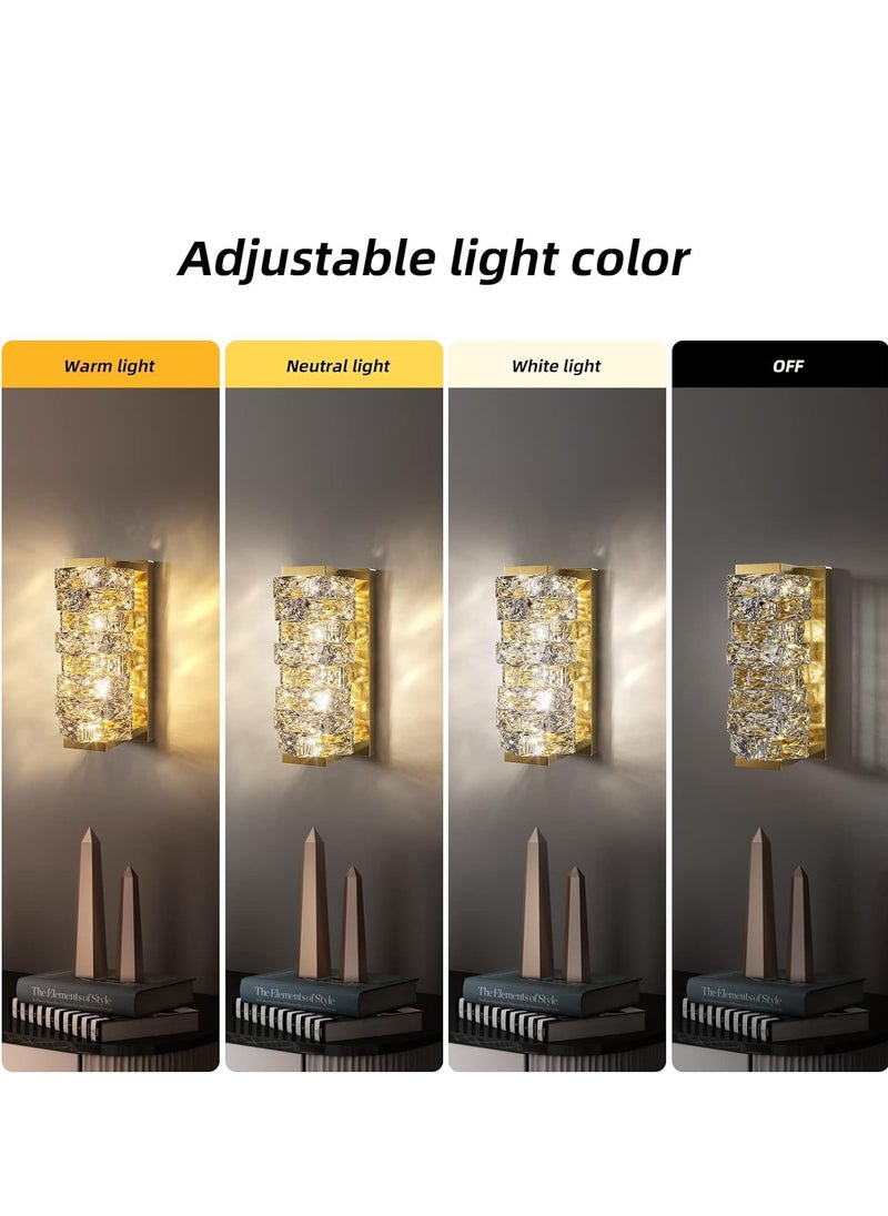 NOAEOU NOAEOU Crystal Wall Sconces,Modern Dimmable LED Wall Light Fixtures,Luxury Indoor Gold Wall Lamp for Living Room Bedroom Bathroom Hallway Doorway Stairway,Bedside,Tricolor Vanity Lighting Fixture  - Image 2