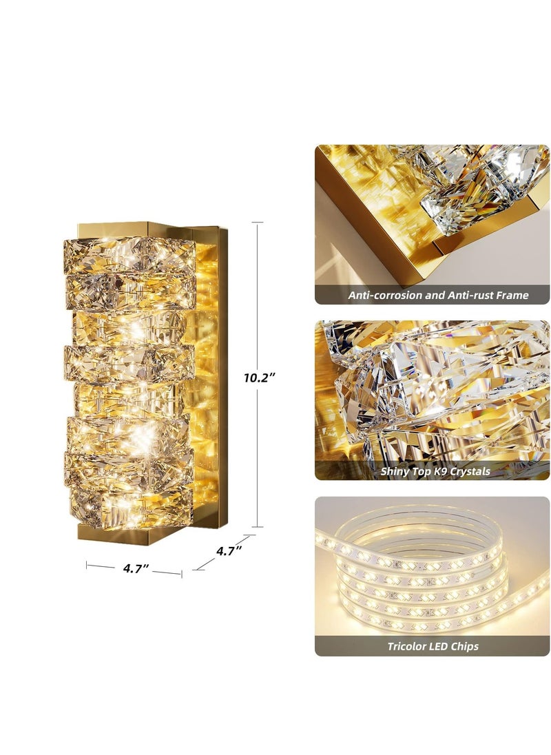 NOAEOU NOAEOU Crystal Wall Sconces,Modern Dimmable LED Wall Light Fixtures,Luxury Indoor Gold Wall Lamp for Living Room Bedroom Bathroom Hallway Doorway Stairway,Bedside,Tricolor Vanity Lighting Fixture  - Image 3