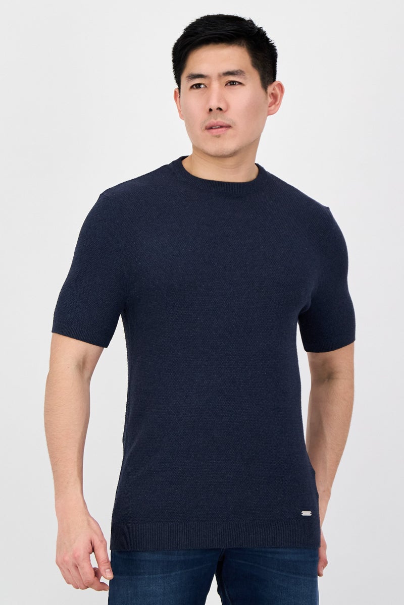 Threadbare Men Crew Neck Short Sleeve Knitted T-Shirt, Navy Blue - Image 1