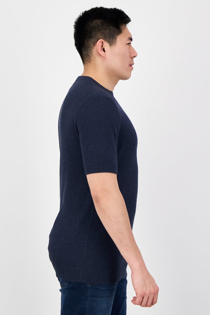 Threadbare Men Crew Neck Short Sleeve Knitted T-Shirt, Navy Blue - Image 2