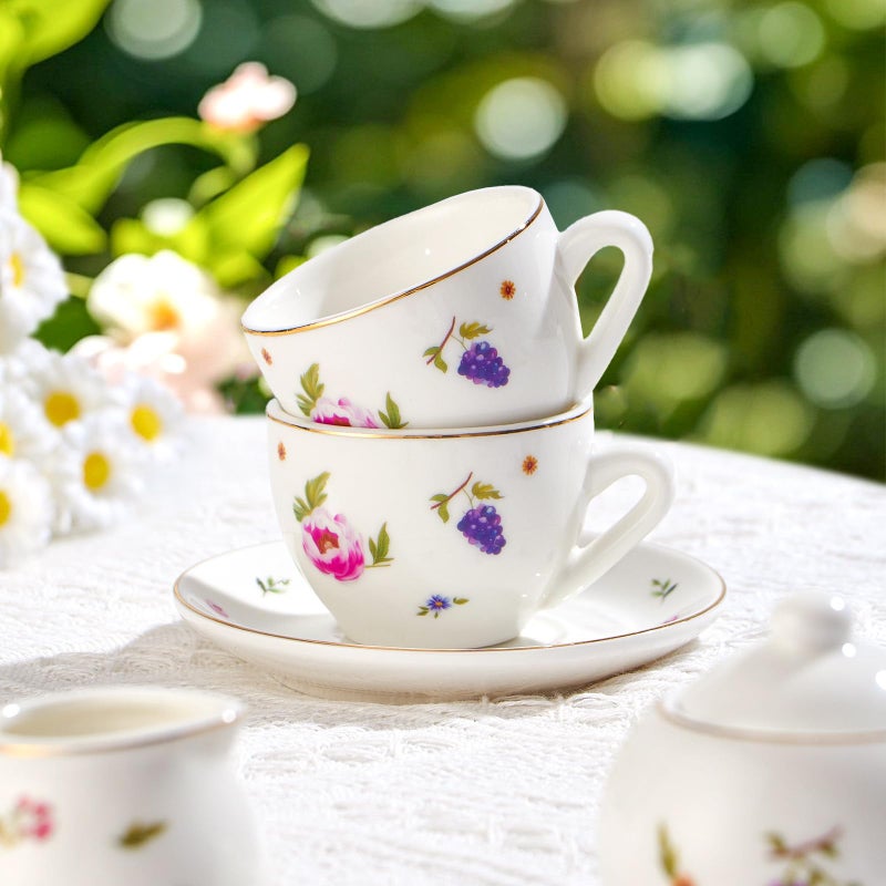 TUZT Tea Party Set for Little Girls Ages 3-8, White Floral Porcelain Tea Set with Gold Trim Edges, Princess Tea Time Toy Includes Pot & Cups & Saucers & Suitcase, Birthday Gifts for Toddlers Girls - Image 4
