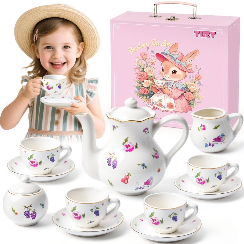 TUZT Tea Party Set for Little Girls Ages 3-8, White Floral Porcelain Tea Set with Gold Trim Edges, Princess Tea Time Toy Includes Pot & Cups & Saucers & Suitcase, Birthday Gifts for Toddlers Girls - Image 1