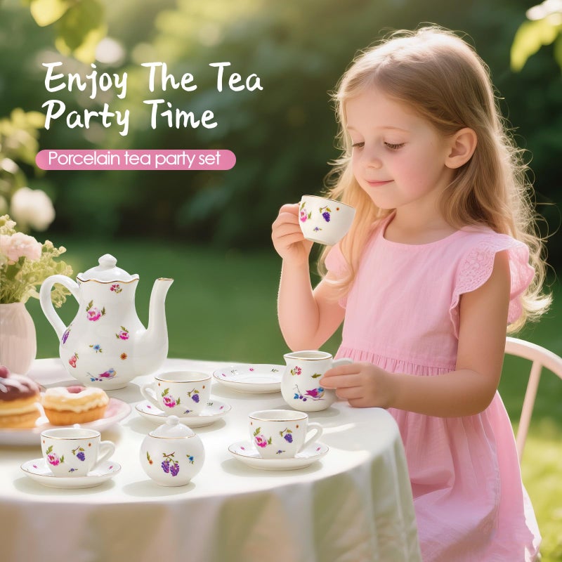 TUZT Tea Party Set for Little Girls Ages 3-8, White Floral Porcelain Tea Set with Gold Trim Edges, Princess Tea Time Toy Includes Pot & Cups & Saucers & Suitcase, Birthday Gifts for Toddlers Girls - Image 2
