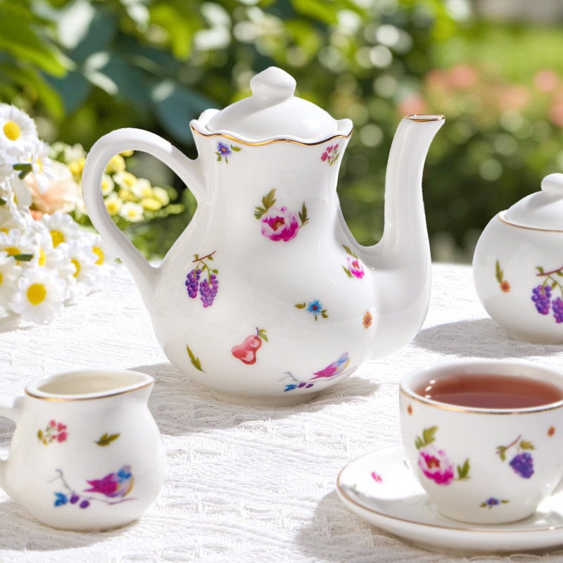 TUZT Tea Party Set for Little Girls Ages 3-8, White Floral Porcelain Tea Set with Gold Trim Edges, Princess Tea Time Toy Includes Pot & Cups & Saucers & Suitcase, Birthday Gifts for Toddlers Girls - Image 3