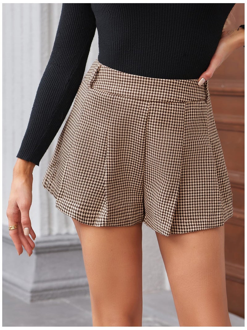 MakeMeChic Women's Houndstooth Plaid Shorts Pleated High Waisted Business Casual Skorts Khaki Large - Image 5
