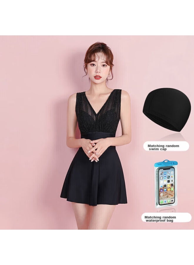 F.DYRAA Fandila Women's Swimsuit, Hot Spring Tummy Control Slimming One-piece Dress, Quick-drying Breathable Swimming Four-piece Set, 11028 Black L - Image 1
