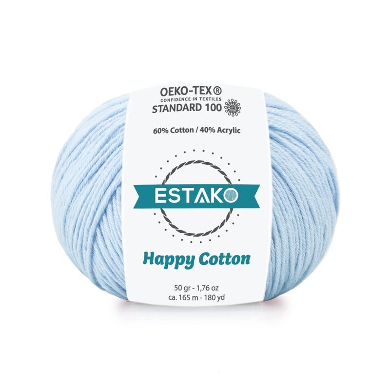 Estako Happy Cotton, 60% Cotton 40% Acrylic Yarn, Soft, Fine/Sport (2) for Crochet and Knitting 1.76 Oz (50g) / 180 Yrds (165m) (4220 - Baby Blue) - Image 1