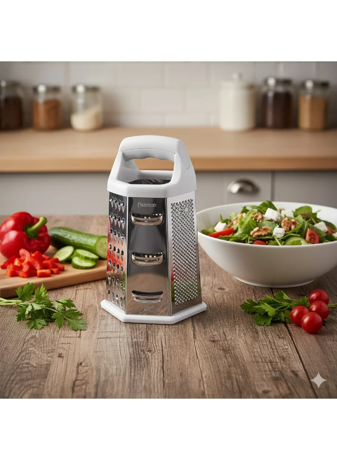 فيسمان 9-Inch with 6-Sided Stainless Steel Grater 24cm – Multipurpose Kitchen Tool for Cheese, Vegetables, Fruits, and Zest, Durable Sharp Blades for Everyday Food Preparation and Cooking Use