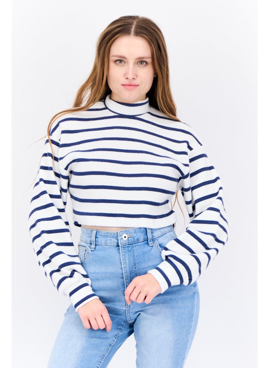 Bershka Women Mock Neck Long Sleeves Stripe Crop Top, White  - Image 1