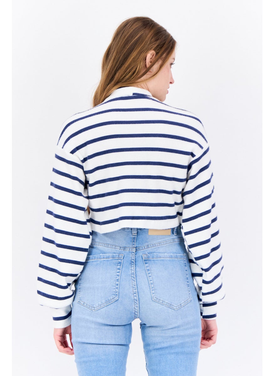 Bershka Women Mock Neck Long Sleeves Stripe Crop Top, White  - Image 2