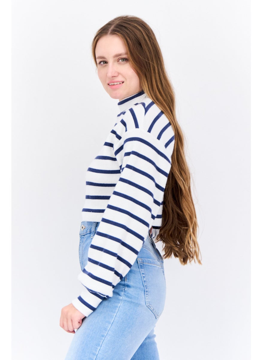 Bershka Women Mock Neck Long Sleeves Stripe Crop Top, White  - Image 3