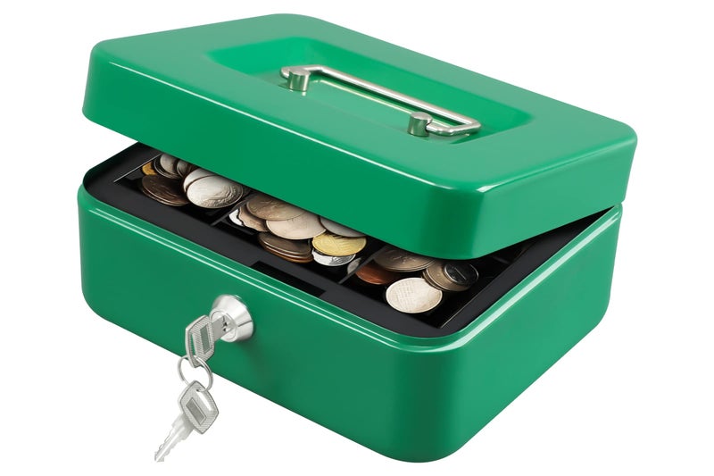 KYODOLED Medium Cash Box with Money Tray,Small Safe Lock Box with Key,Cash Drawer,7.87"x 6.30"x 3.54" Green Medium - Image 1