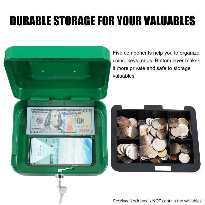 KYODOLED Medium Cash Box with Money Tray,Small Safe Lock Box with Key,Cash Drawer,7.87"x 6.30"x 3.54" Green Medium - Image 4