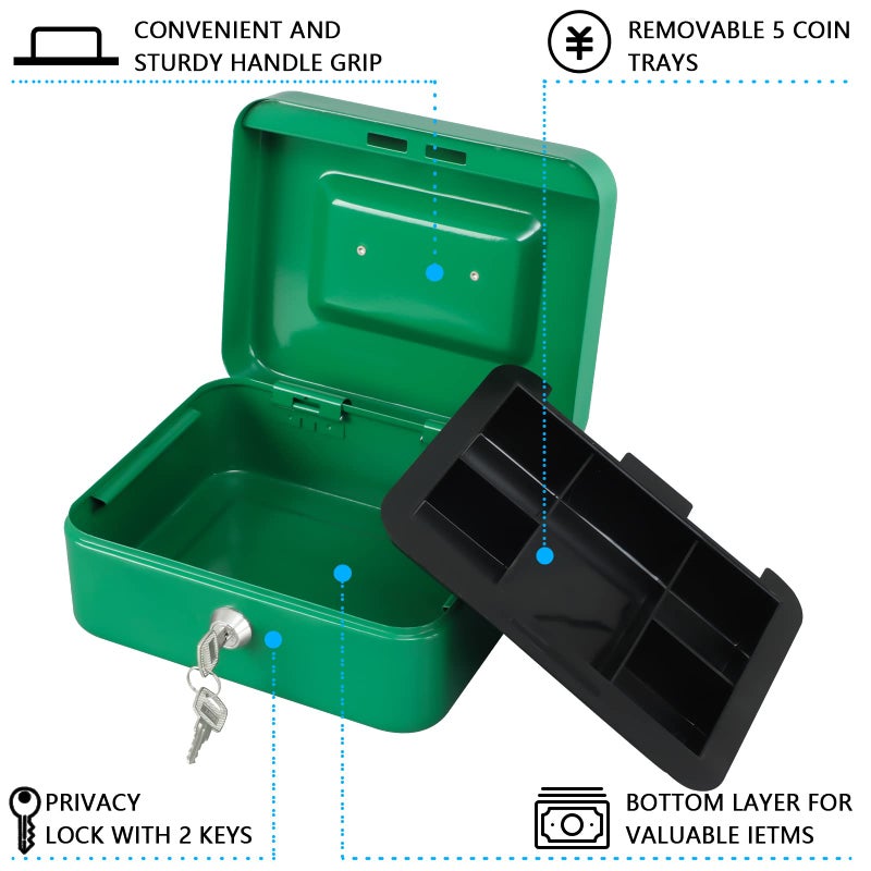 KYODOLED Medium Cash Box with Money Tray,Small Safe Lock Box with Key,Cash Drawer,7.87"x 6.30"x 3.54" Green Medium - Image 3