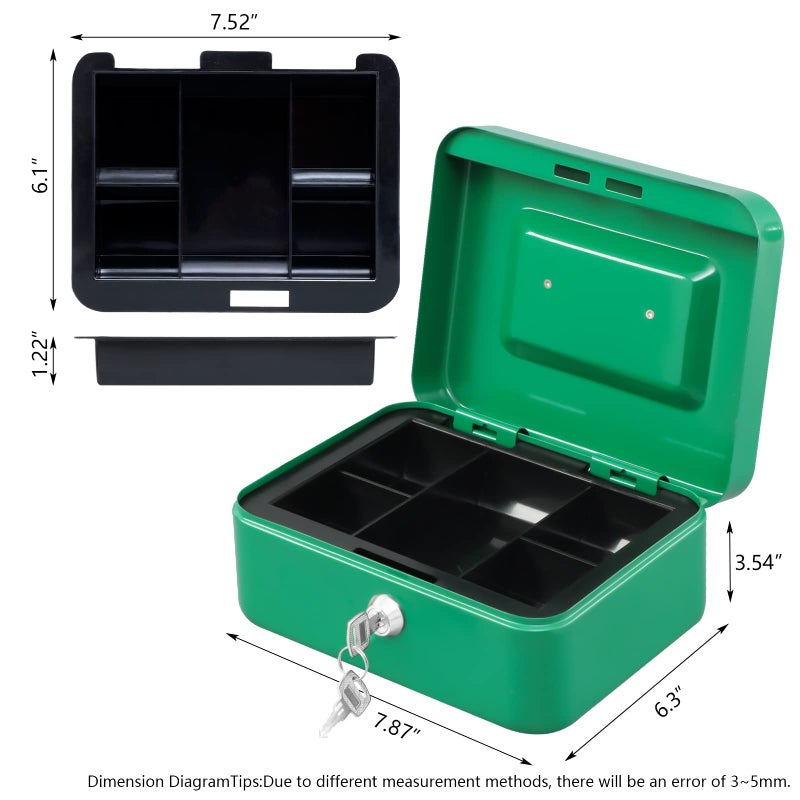 KYODOLED Medium Cash Box with Money Tray,Small Safe Lock Box with Key,Cash Drawer,7.87"x 6.30"x 3.54" Green Medium - Image 5