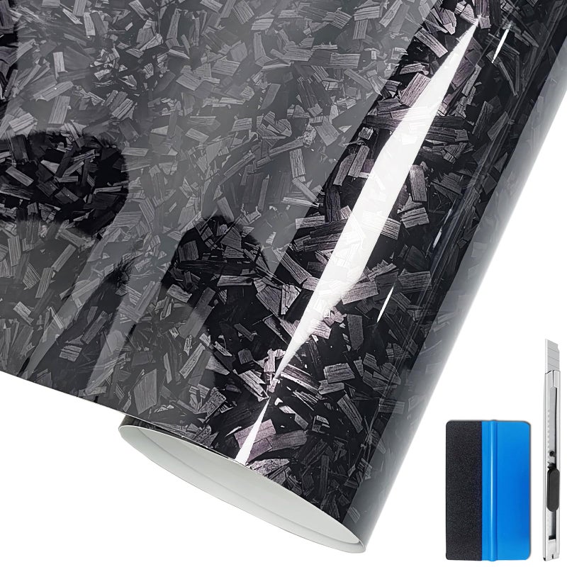 LZLRUN Forged Gloss Carbon Fiber Vinyl Wrap Roll Air Release Sticker Sheet Film DIY Decal Car Auto Vehicle Morotcycle Self Adhesive 1ft x 5ft Gloss Black