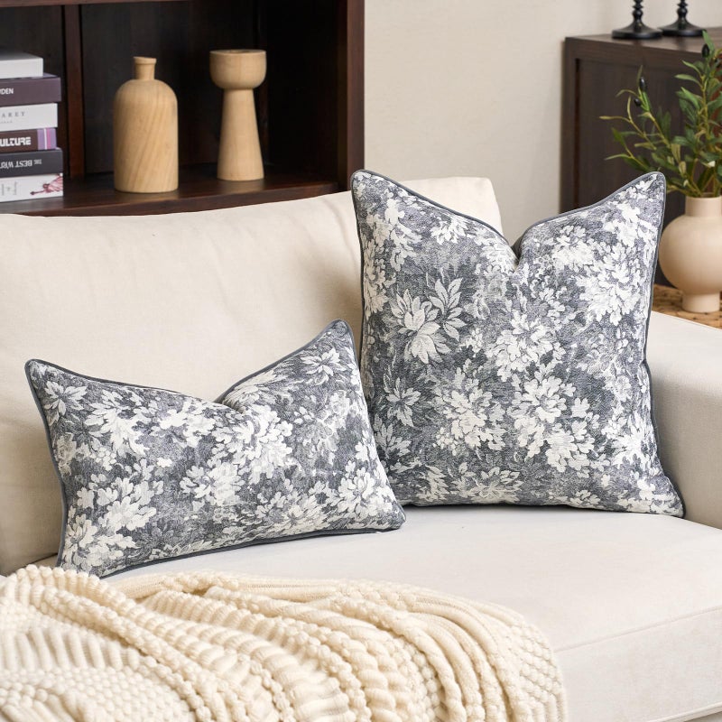Alerfa Grey Neutral Floral Pillow Cover 20 x 20 Inch, Vintage Chenille Square Couch Pillow Cover Soft Decorative Farmhouse Accent Pillowcase for Living Room Bedroom - Image 4