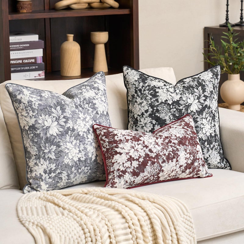 Alerfa Grey Neutral Floral Pillow Cover 20 x 20 Inch, Vintage Chenille Square Couch Pillow Cover Soft Decorative Farmhouse Accent Pillowcase for Living Room Bedroom - Image 5