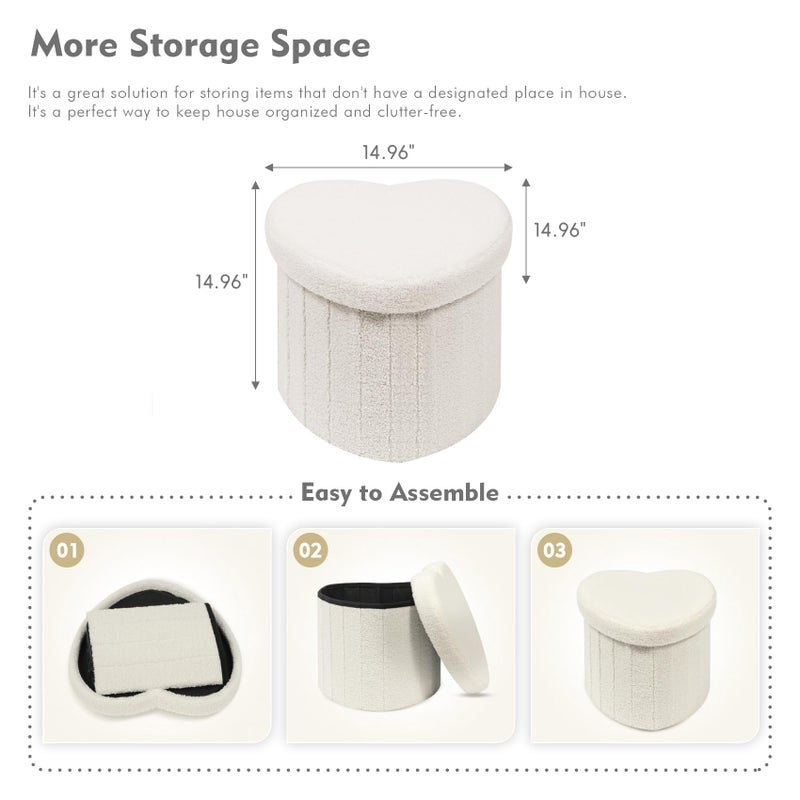 B FSOBEIIALEO Storage Ottoman Cube, Heart Shaped Ottomans with Storage Foot Stool Footrest for Lving Room, Boucle Ottoman Seat for Dorm Room,Faux Teddy Fur, White 15"x15"x15" - Image 4