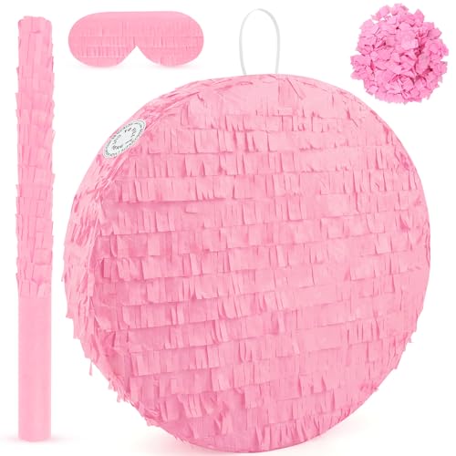 Adecortalk Pink Round Blank Pinata Circle Folding Pinata with Bat Stick Blindfold Confetti for Kids Birthday Wedding Celebration Baby Shower Carnival Party Supplies13 x 13 x 315 Inches - Image 1