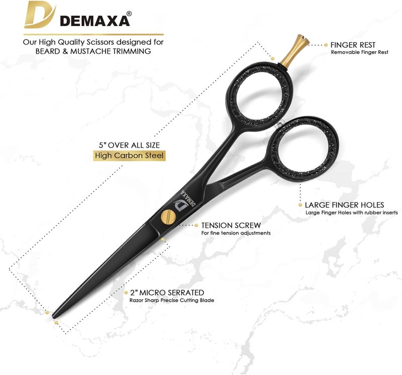DEMAXA - 5" Professional Mustache Scissors Beard Scissors for Men with Slant Tweezers 1 Moustache Comb 1 Brush - Image 5