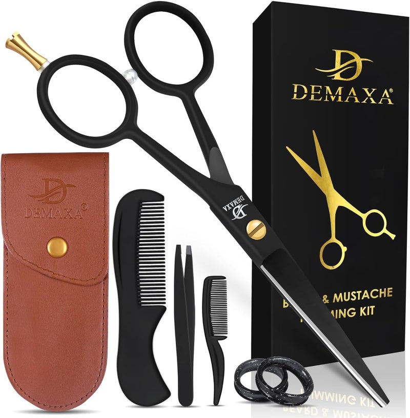 DEMAXA - 5" Professional Mustache Scissors Beard Scissors for Men with Slant Tweezers 1 Moustache Comb 1 Brush - Image 1
