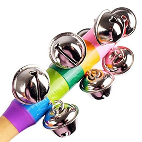 Dicanence 2 Pack Vivid Color Rainbow Handle Wooden Bells Jingle Stick Shaker Rattle 10 Jingle Bells Interactive Musical Bell - Image 3